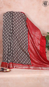 Brown and Red Leaf Patterned Ajrakh Munga Handloom Cotton Saree